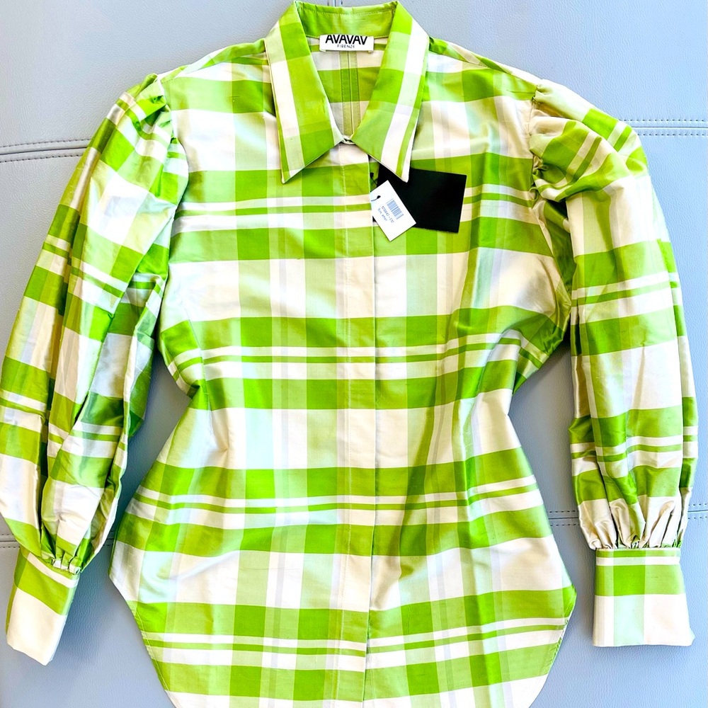 NWT AVAVAV firenze plaid striped checkered silk-charmeuse blouse in lime green S
